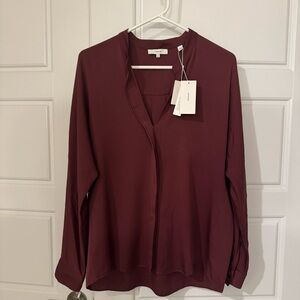 NWT Vince 100% Silk Band Collar Blouse Popover Shirt Size 10 Medium Sangria